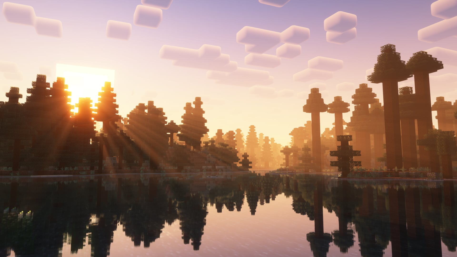 Warm shader lighting across a Minecraft forest and lake
